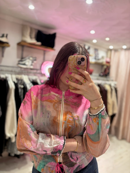 Sheer Abstract Print Bomber Jacket | Pink Multi