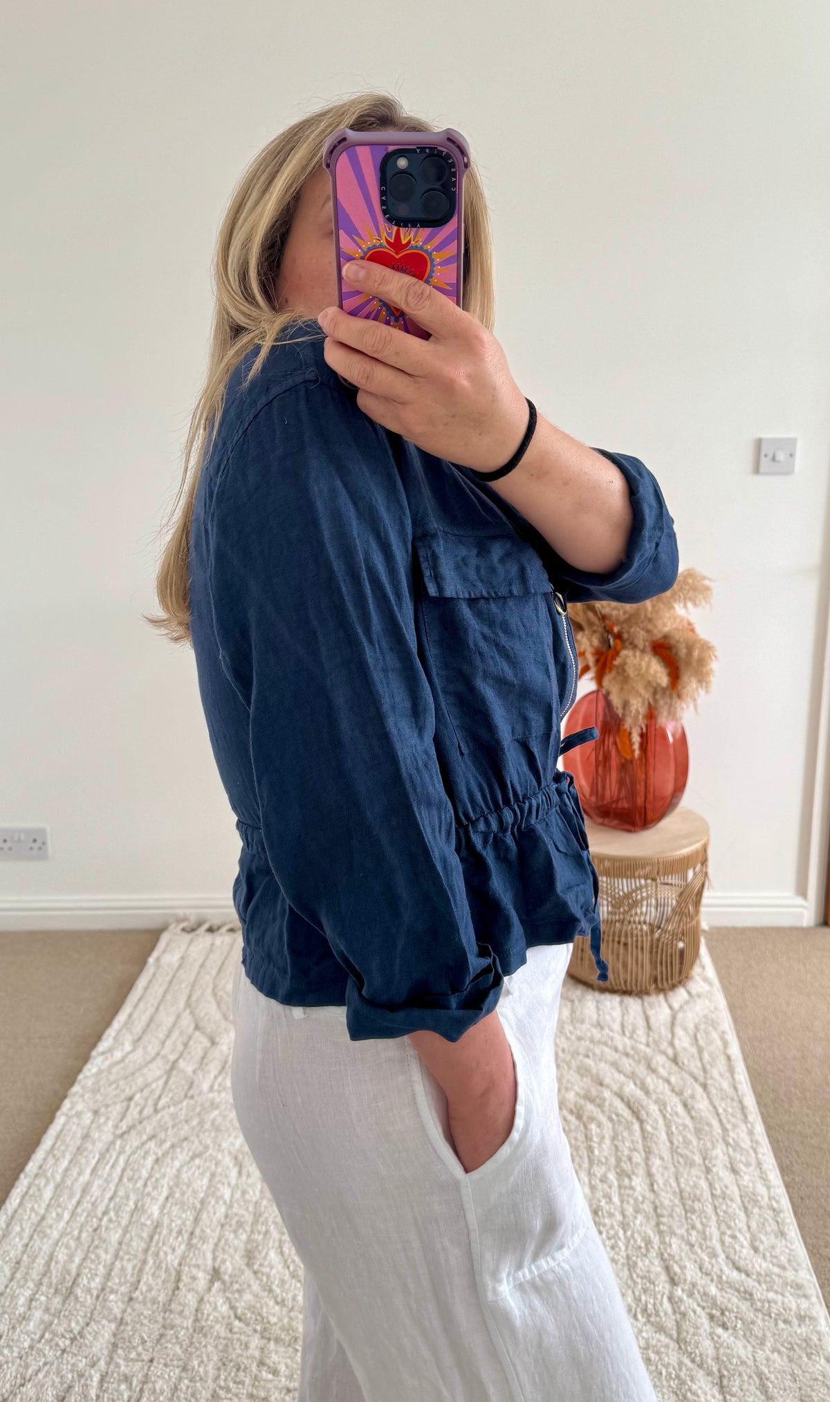 Linen Cropped Zip Safari Jacket | Navy Blue