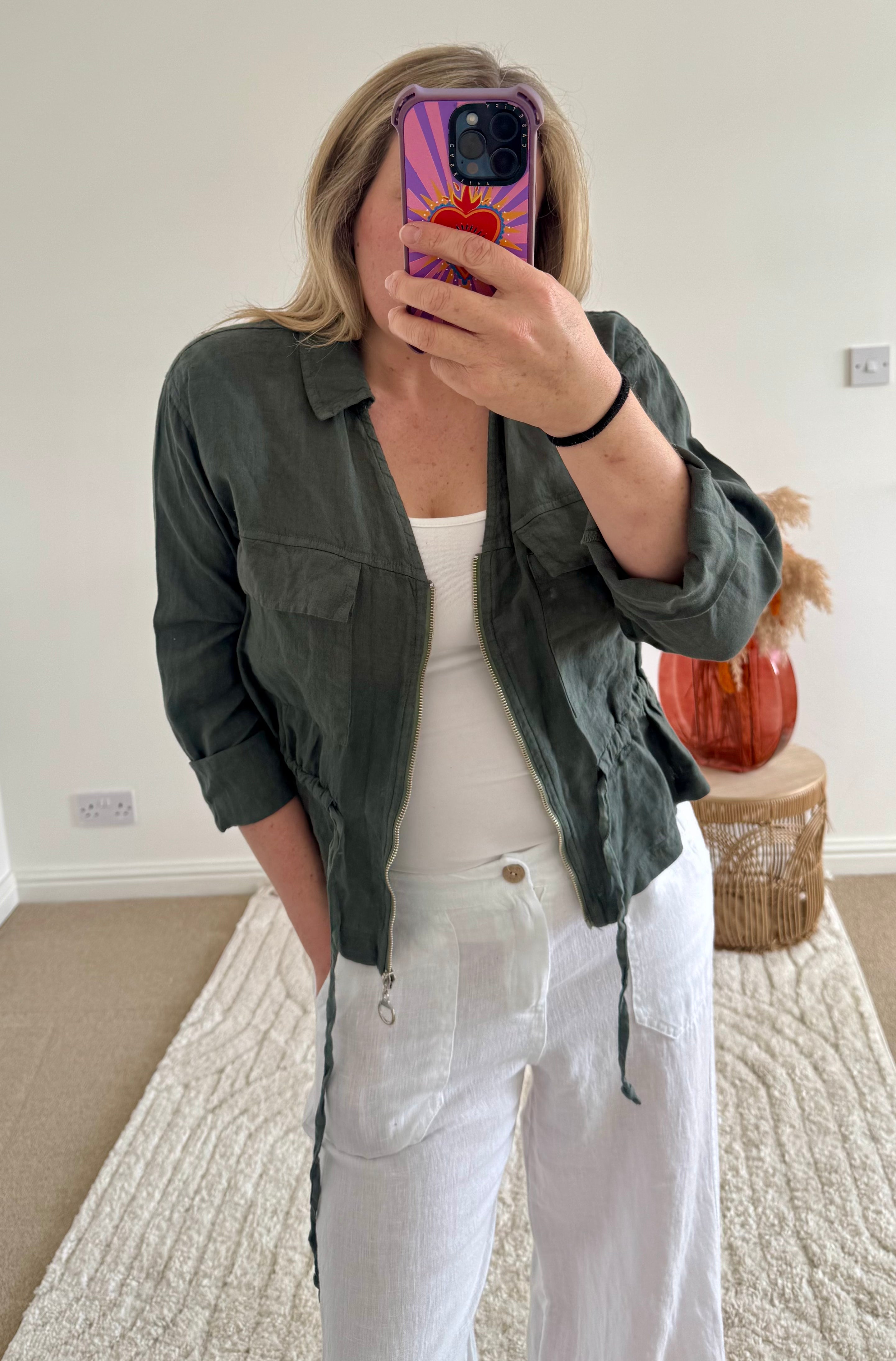Linen Cropped Zip Safari Jacket | Khaki