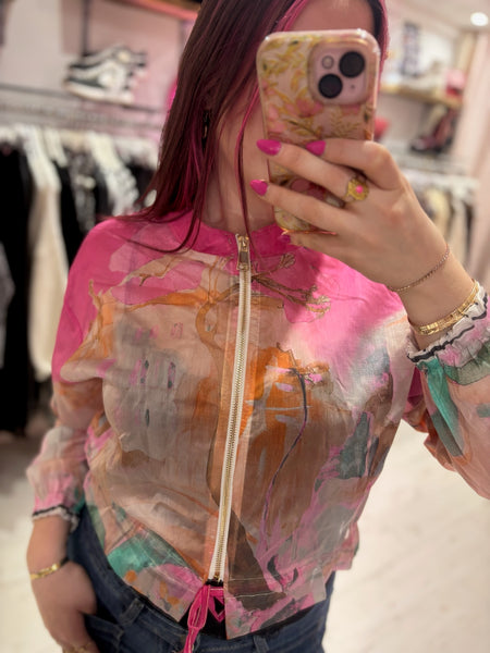 Sheer Abstract Print Bomber Jacket | Pink Multi