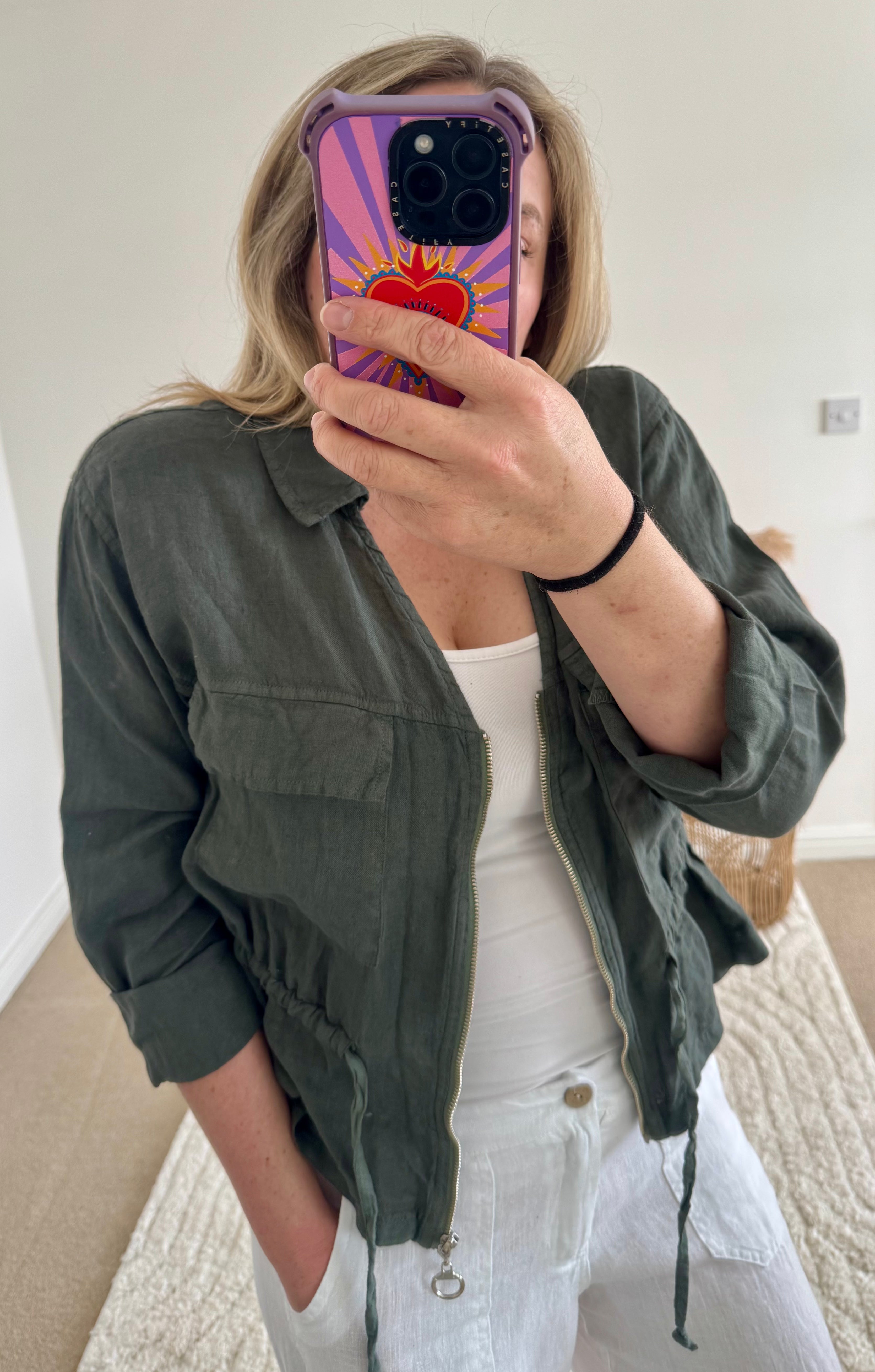 Linen Cropped Zip Safari Jacket | Khaki
