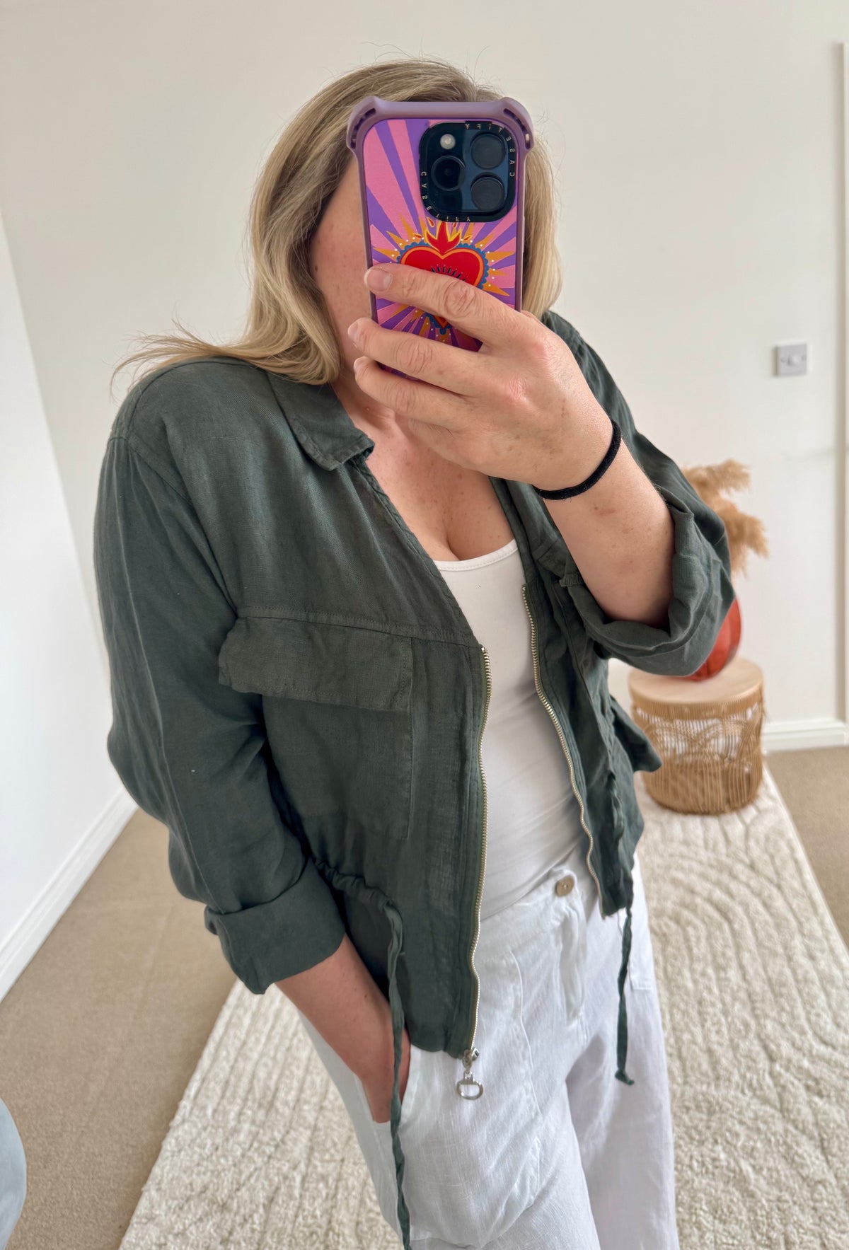 Linen Cropped Zip Safari Jacket | Khaki