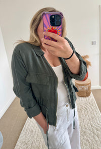 Linen Cropped Zip Safari Jacket | Khaki