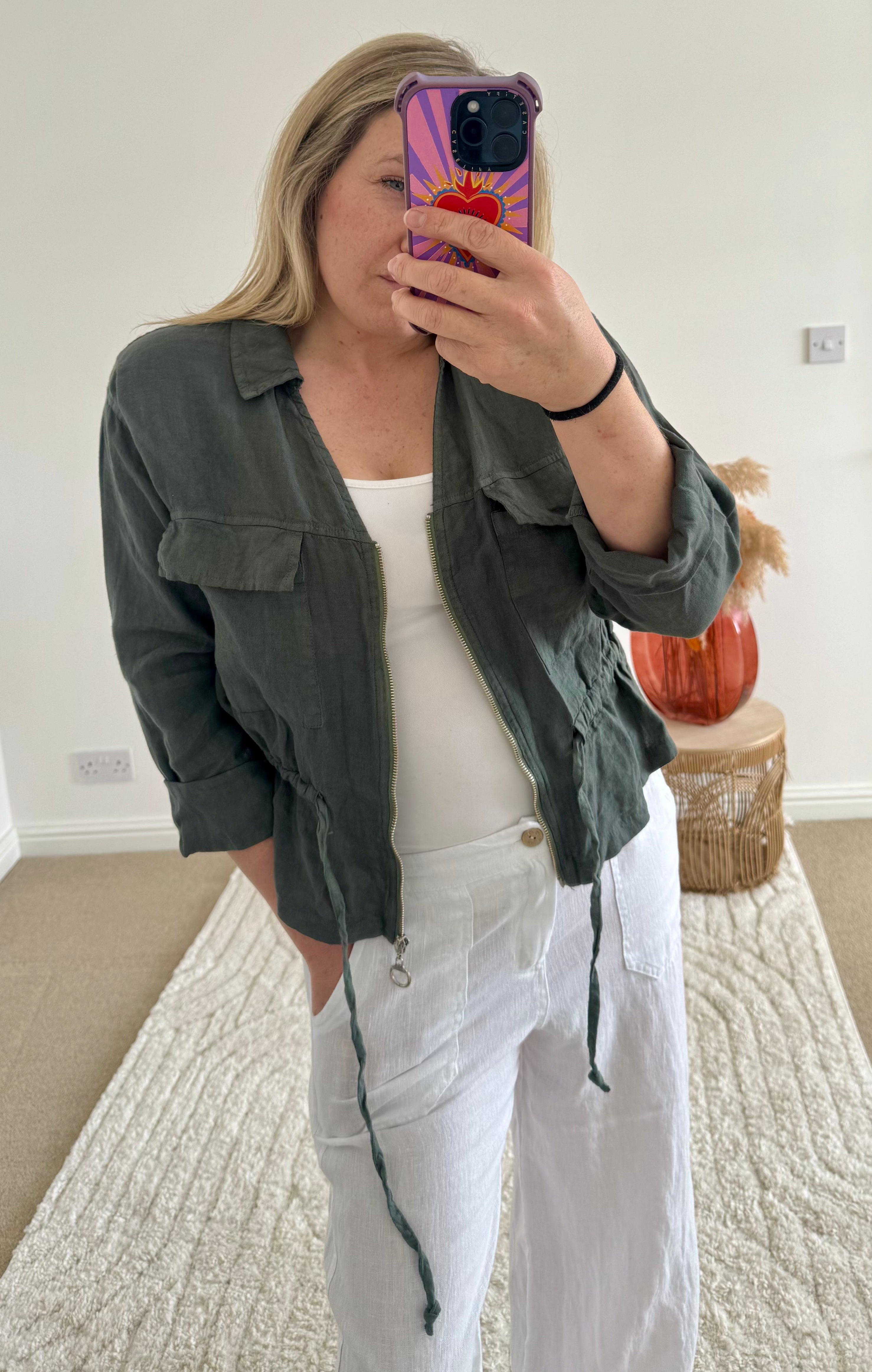 Linen Cropped Zip Safari Jacket | Khaki