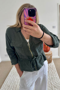 Linen Cropped Zip Safari Jacket | Khaki