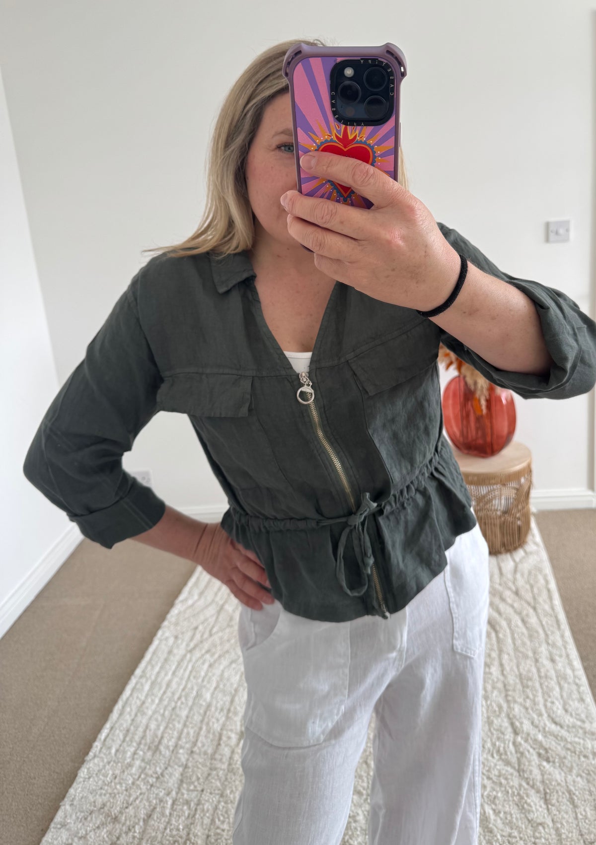 Linen Cropped Zip Safari Jacket | Khaki