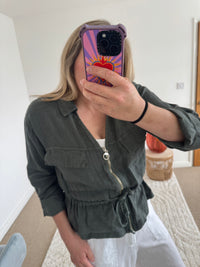 Linen Cropped Zip Safari Jacket | Khaki