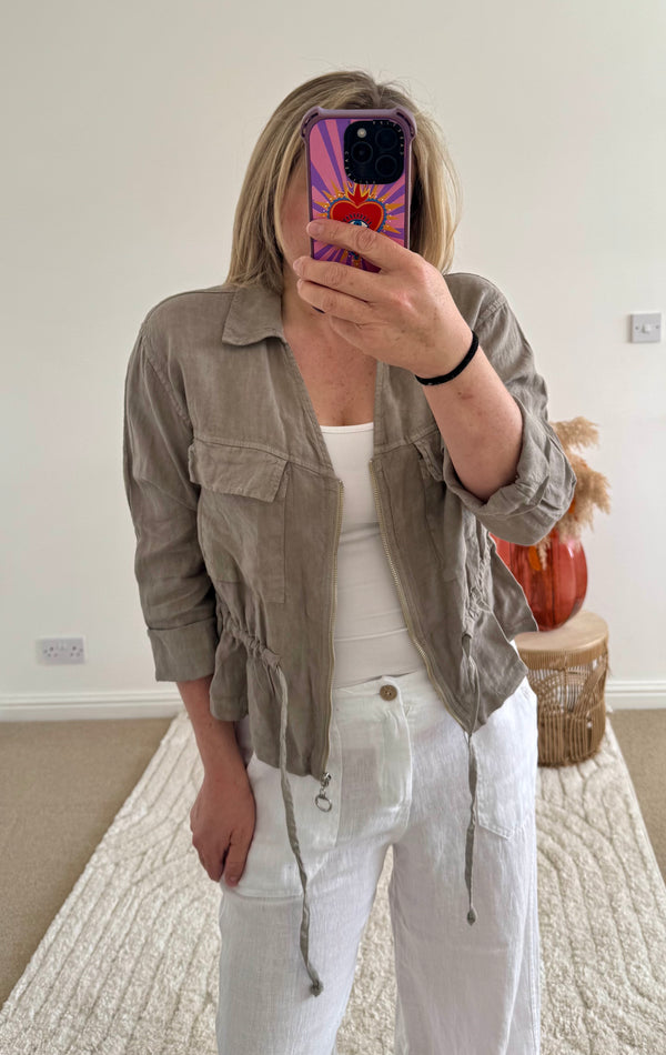 Linen Cropped Zip Safari Jacket | Taupe