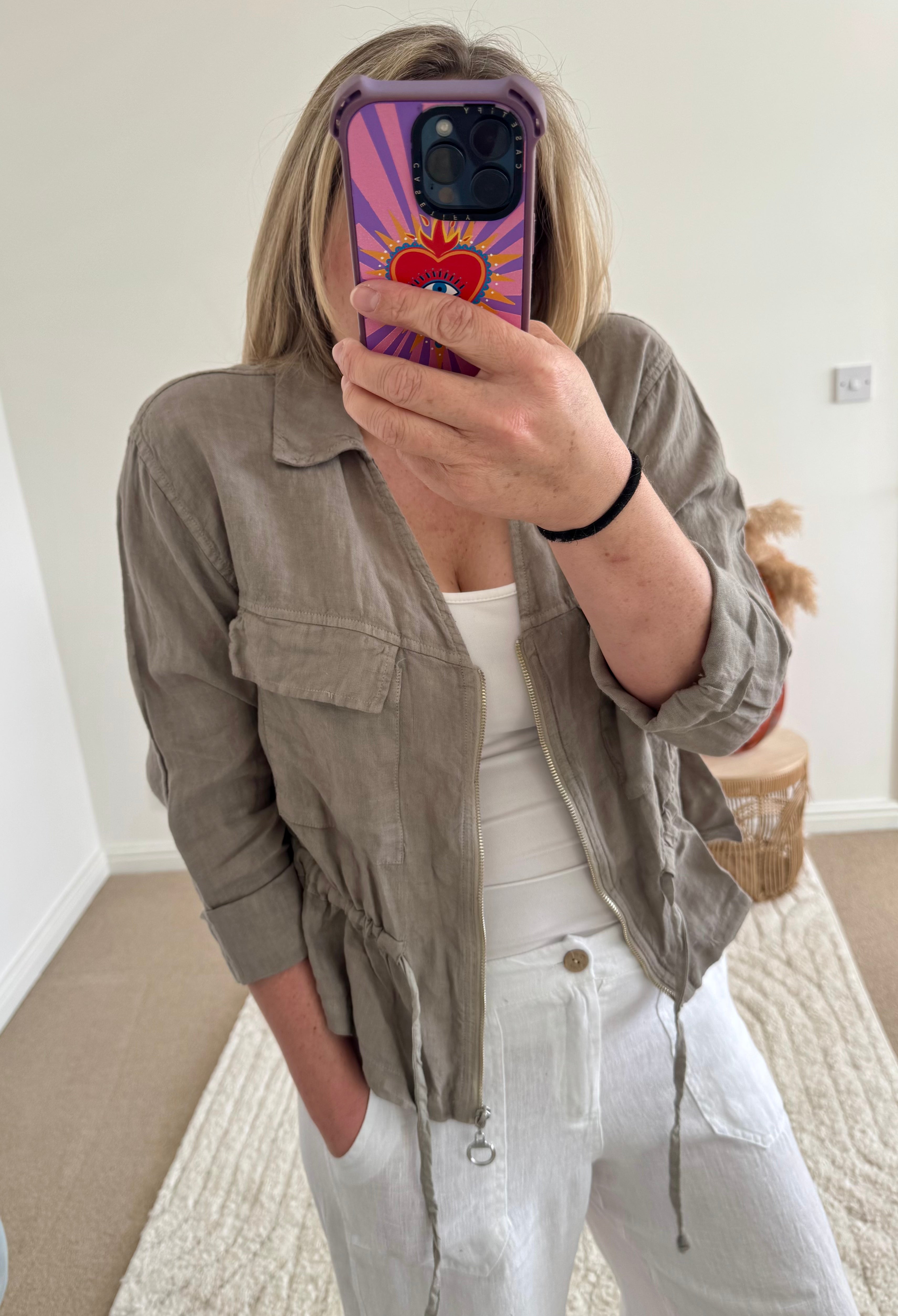 Linen Cropped Zip Safari Jacket | Taupe