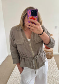 Linen Cropped Zip Safari Jacket | Taupe