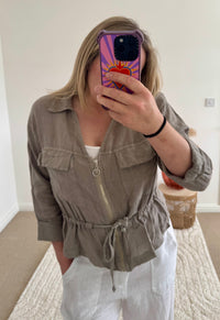 Linen Cropped Zip Safari Jacket | Taupe