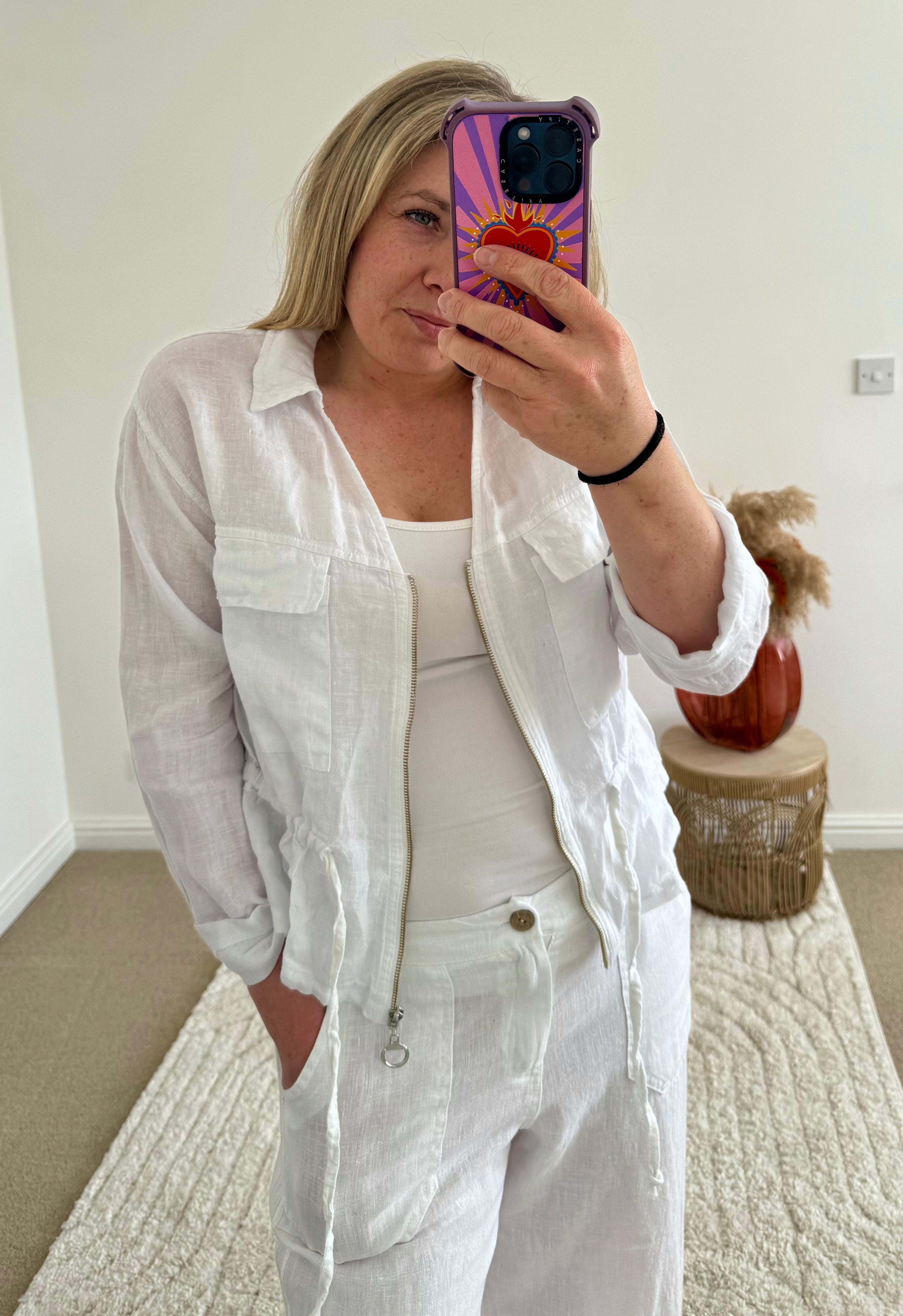 Linen Cropped Zip Safari Jacket | White