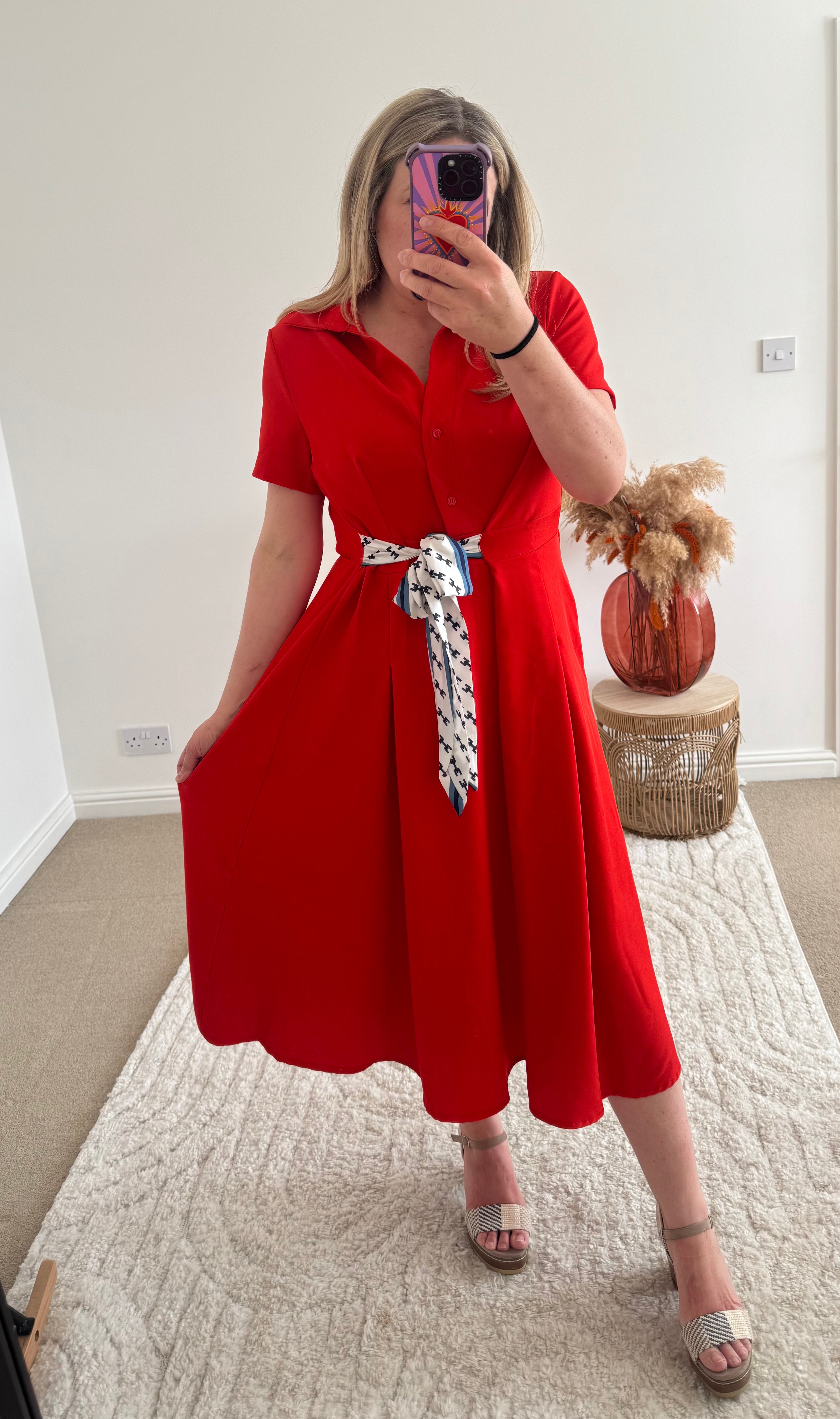 Retro Inspired Shirt Dress with Tie | Red/Orange