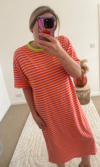 Seaside Stripe Midi T-Shirt Dress | Orange/Pink