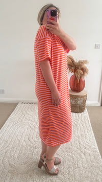 Seaside Stripe Midi T-Shirt Dress | Orange/Pink