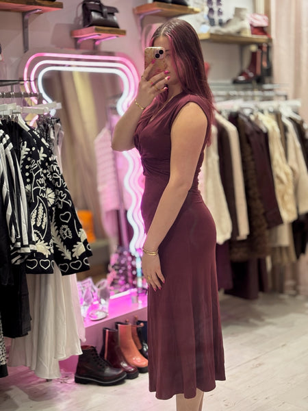 Stretch Jersey Twist Front V-Neck Midi Dress | Wine