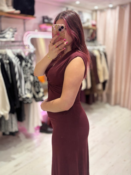 Stretch Jersey Twist Front V-Neck Midi Dress | Wine