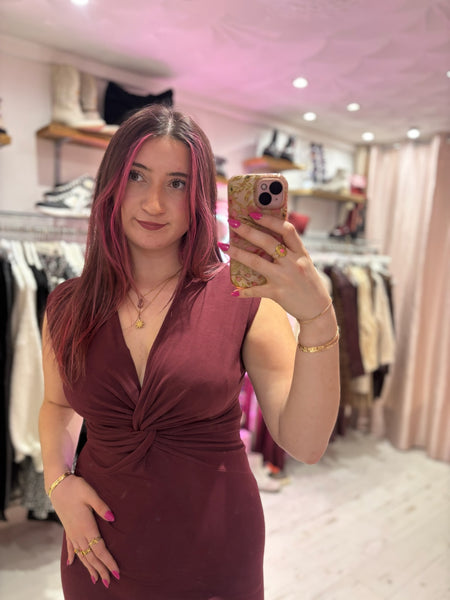 Stretch Jersey Twist Front V-Neck Midi Dress | Wine