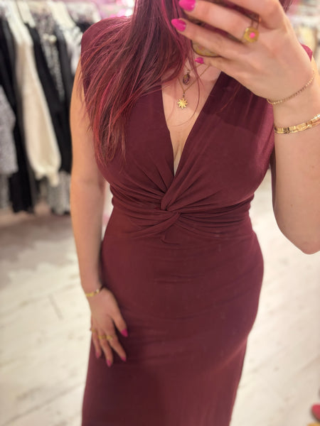 Stretch Jersey Twist Front V-Neck Midi Dress | Wine