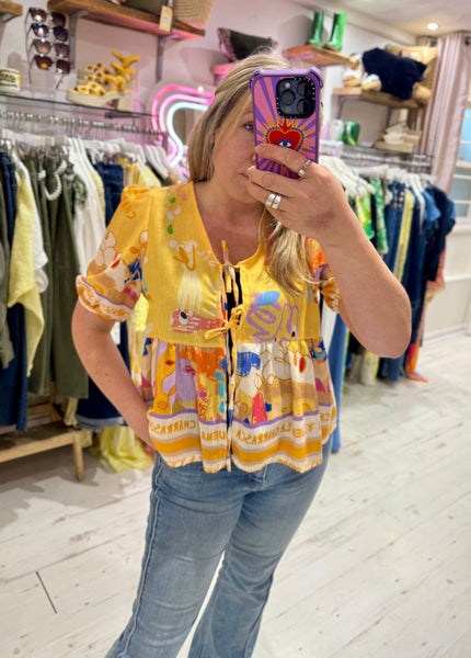 Suena Linen Blend Tie Front Top | Yellow