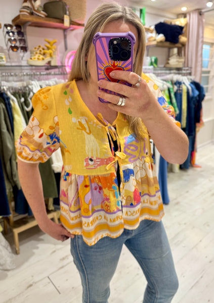 Suena Linen Blend Tie Front Top | Yellow