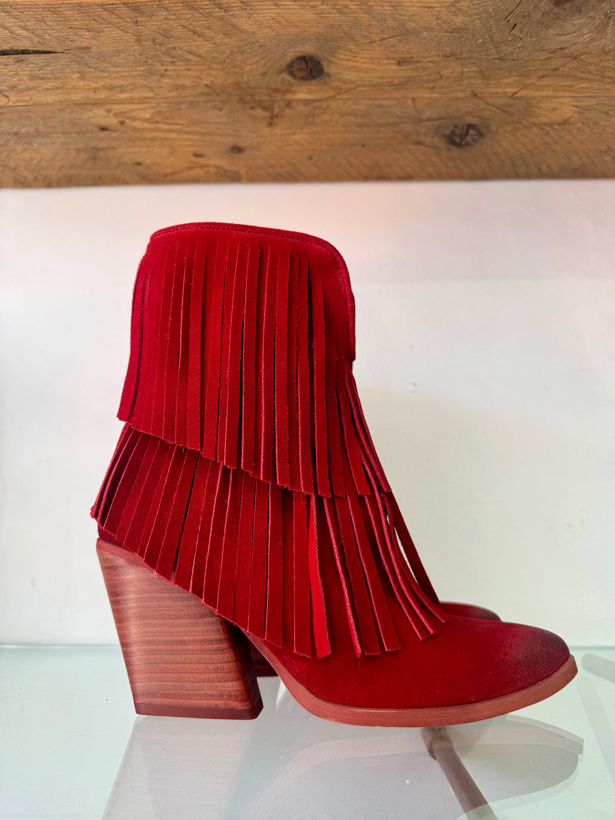 Felmini | Suede Fringed Heeled Cowboy Boot | Deep Red