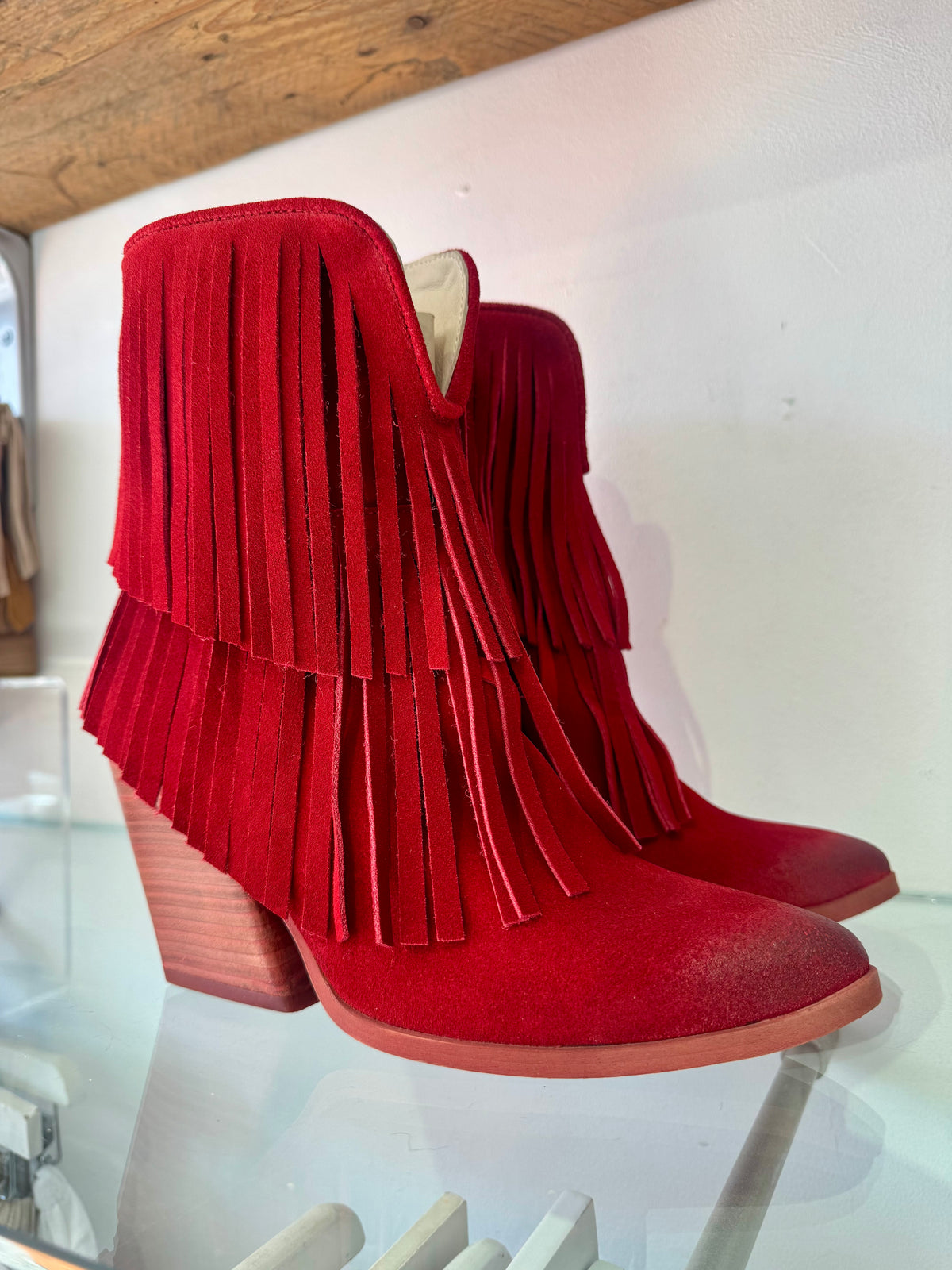 Felmini | Suede Fringed Heeled Cowboy Boot | Deep Red