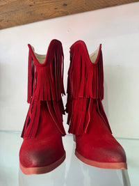 Felmini | Suede Fringed Heeled Cowboy Boot | Deep Red