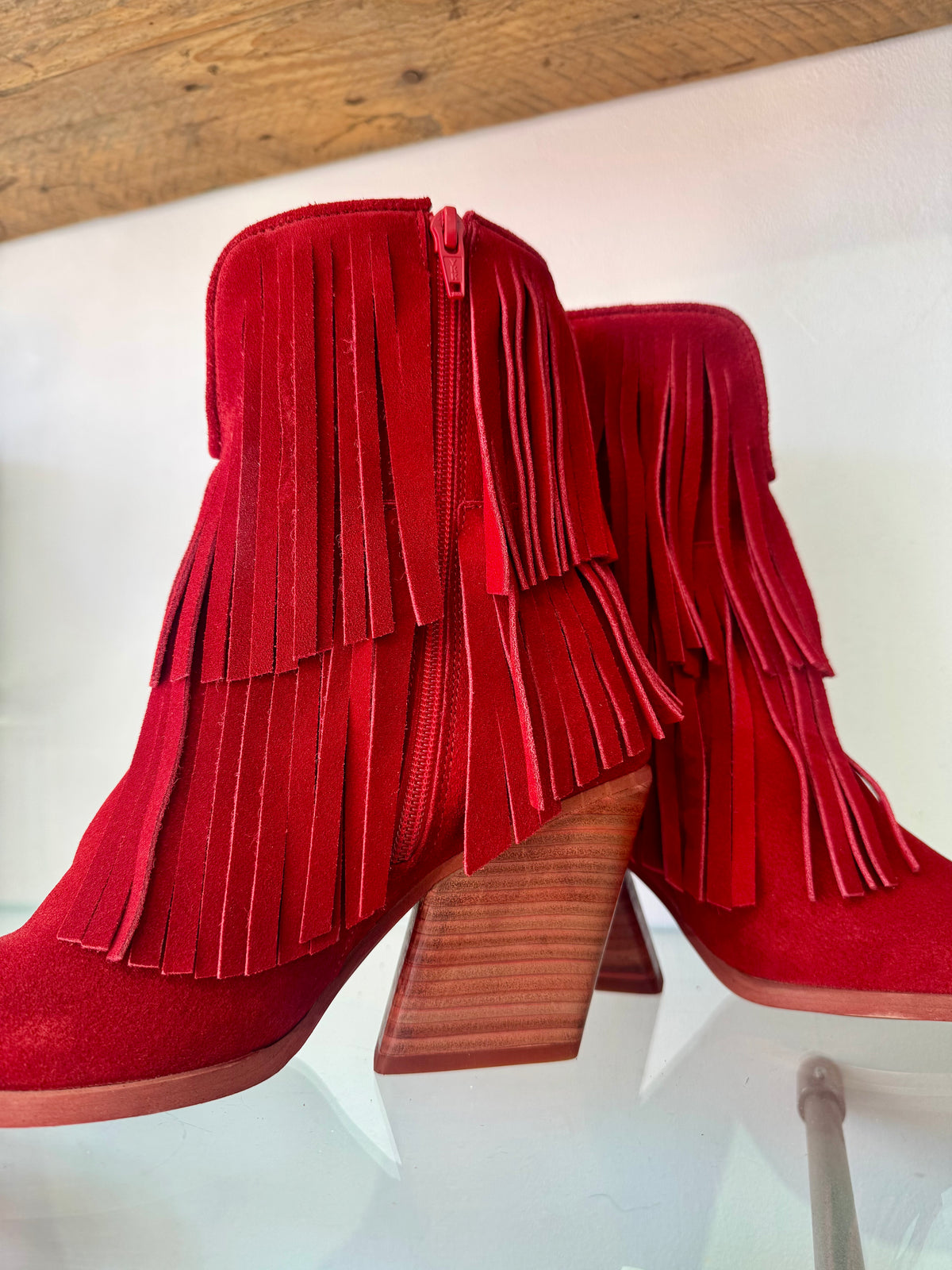 Felmini | Suede Fringed Heeled Cowboy Boot | Deep Red