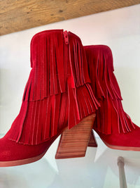 Felmini | Suede Fringed Heeled Cowboy Boot | Deep Red