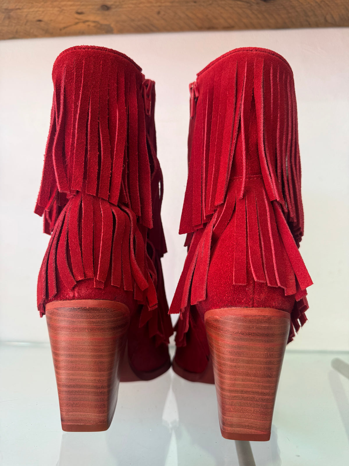 Felmini | Suede Fringed Heeled Cowboy Boot | Deep Red