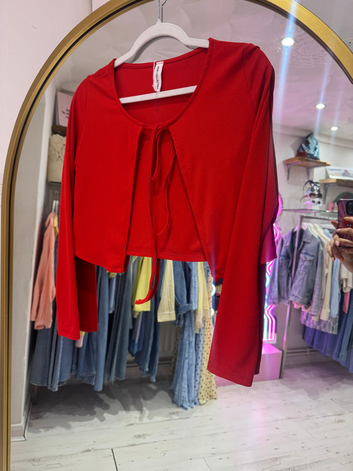 Ribbed Jersey Cropped Tie Cardigan | Red