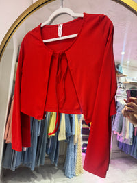 Ribbed Jersey Cropped Tie Cardigan | Red