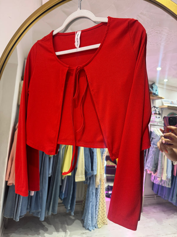 Ribbed Jersey Cropped Tie Cardigan | Red