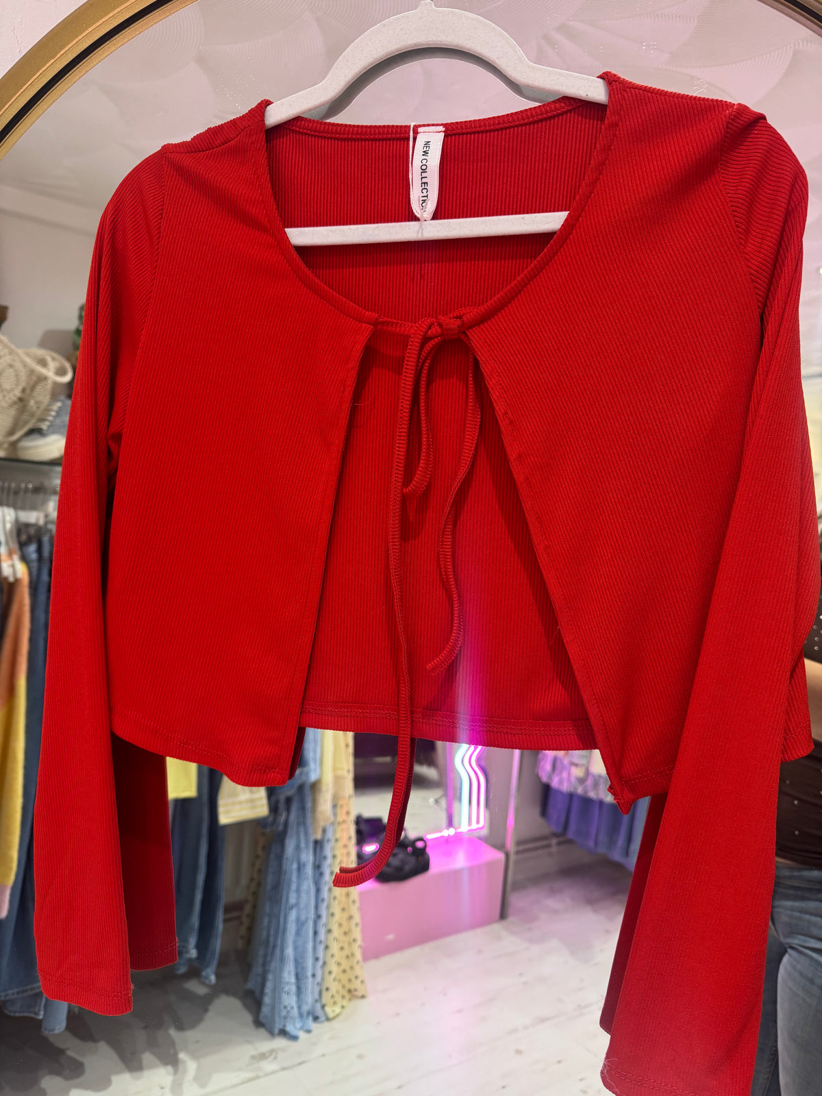 Ribbed Jersey Cropped Tie Cardigan | Red