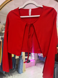 Ribbed Jersey Cropped Tie Cardigan | Red
