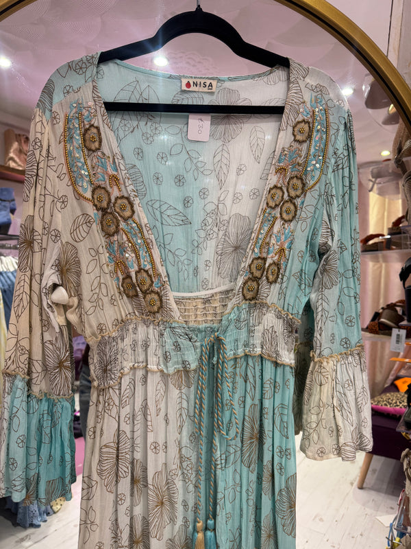 Boho Embellished Floral Kimono | Turquoise