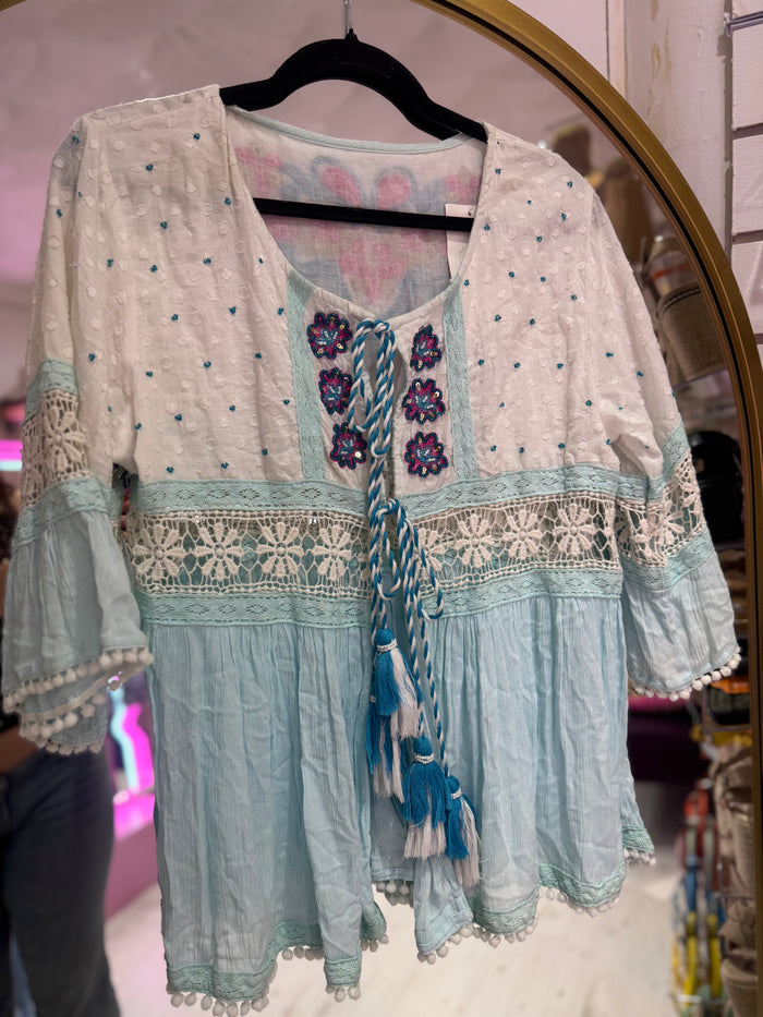 Embellished Cotton Tie Front Top | Turquoise/White