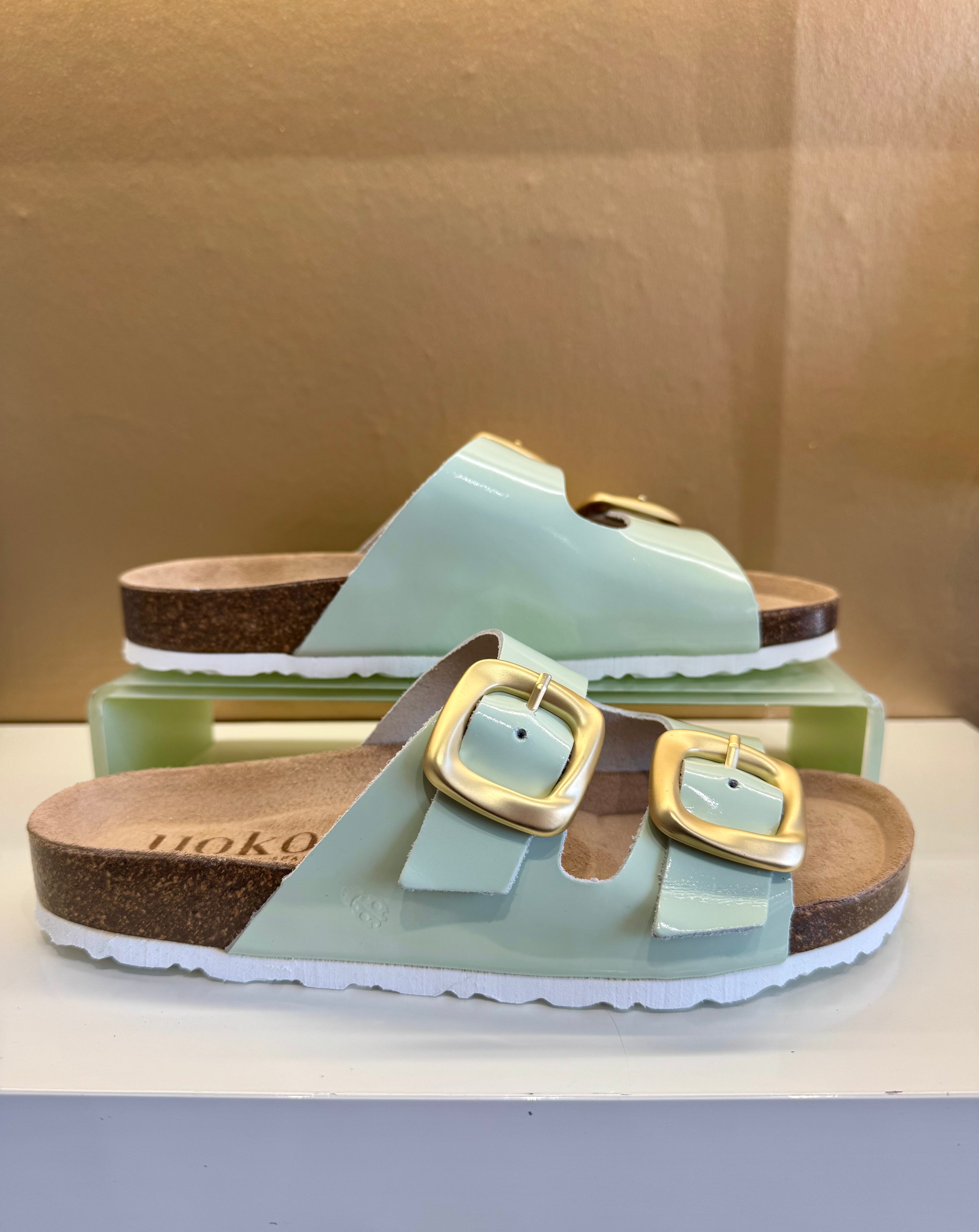 Yokono | Granada-700 | Patent Slip On Double Buckle Sandal | Mint