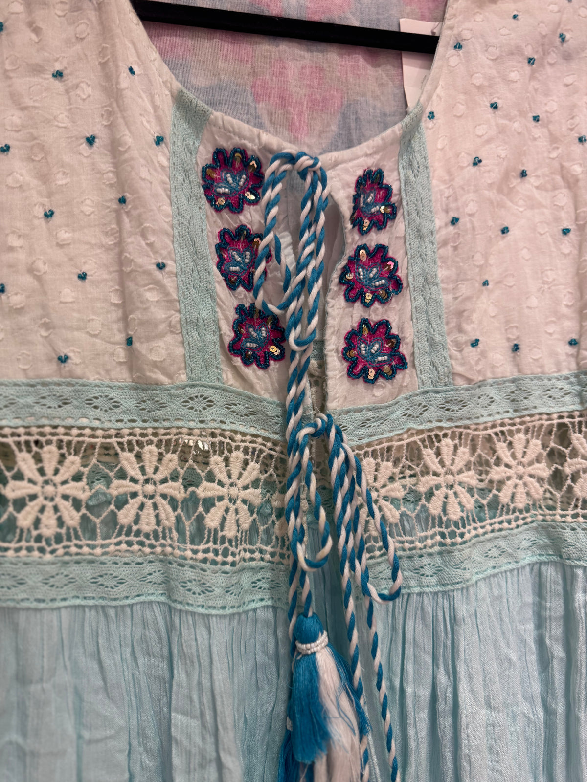 Embellished Cotton Tie Front Top | Turquoise/White