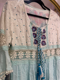 Embellished Cotton Tie Front Top | Turquoise/White