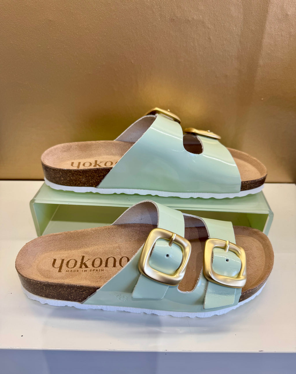 Yokono | Granada-700 | Patent Slip On Double Buckle Sandal | Mint