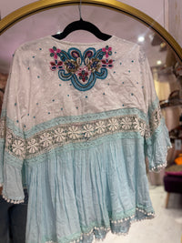 Embellished Cotton Tie Front Top | Turquoise/White