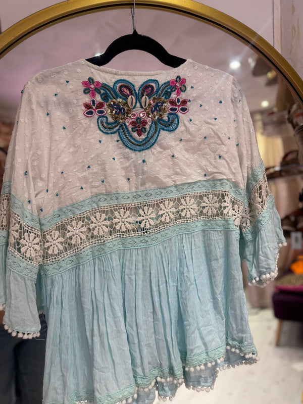 Embellished Cotton Tie Front Top | Turquoise/White