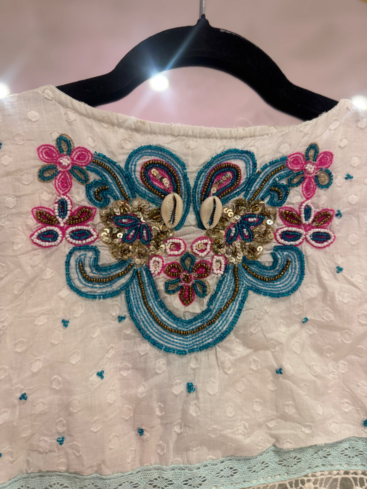 Embellished Cotton Tie Front Top | Turquoise/White
