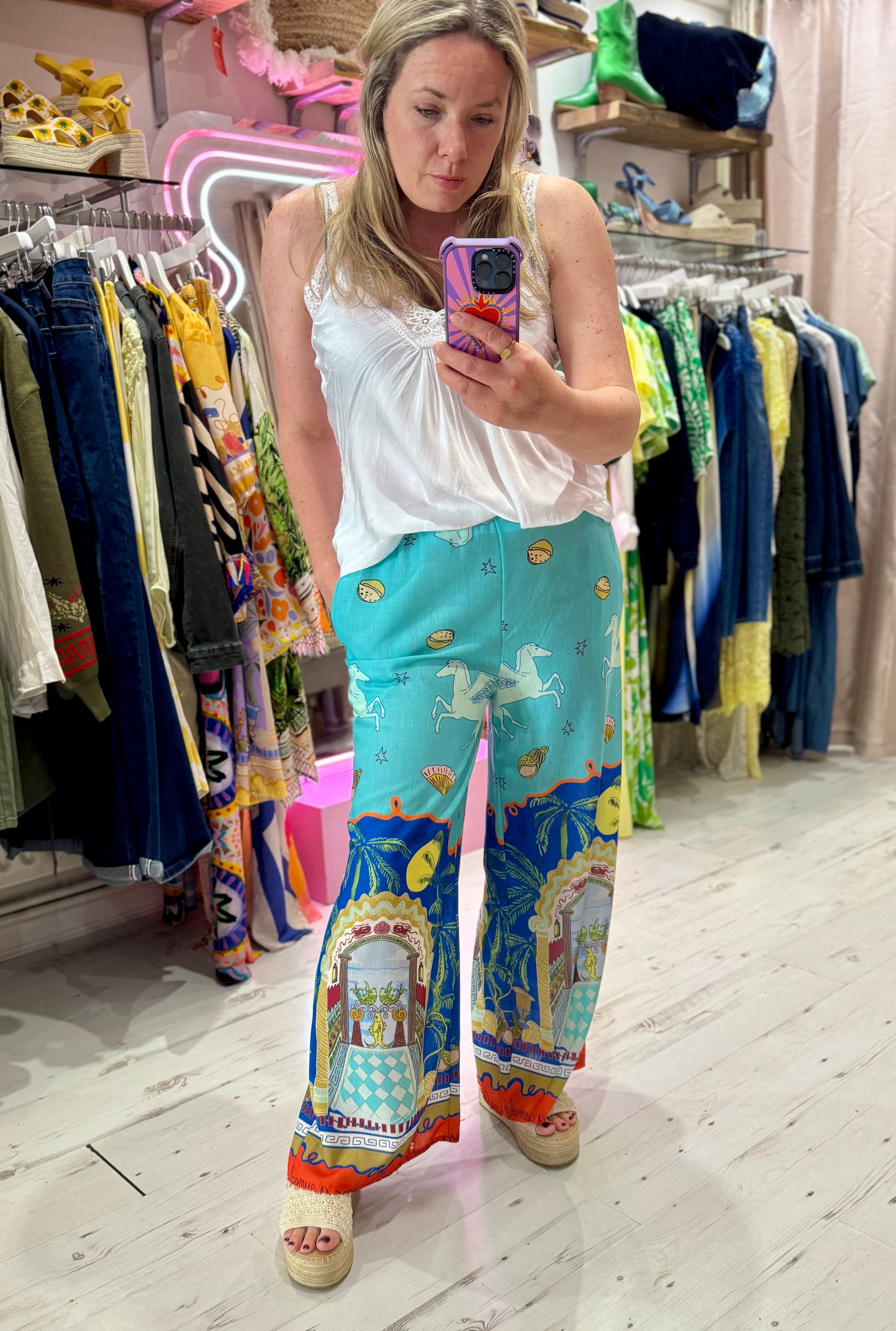 Pegasus Linen Mix Palazzo Trousers | Aquamarine