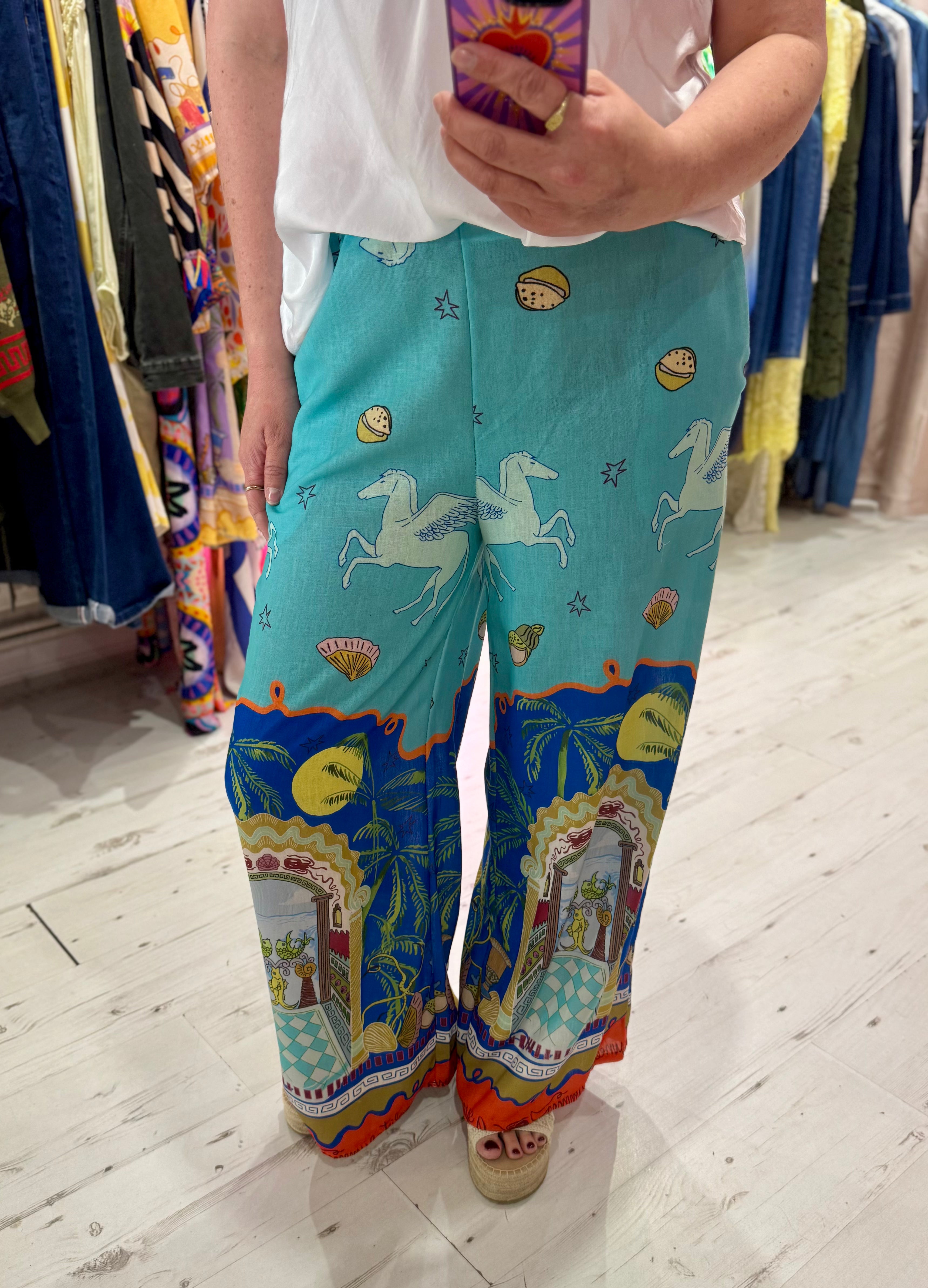 Pegasus Linen Mix Palazzo Trousers | Aquamarine