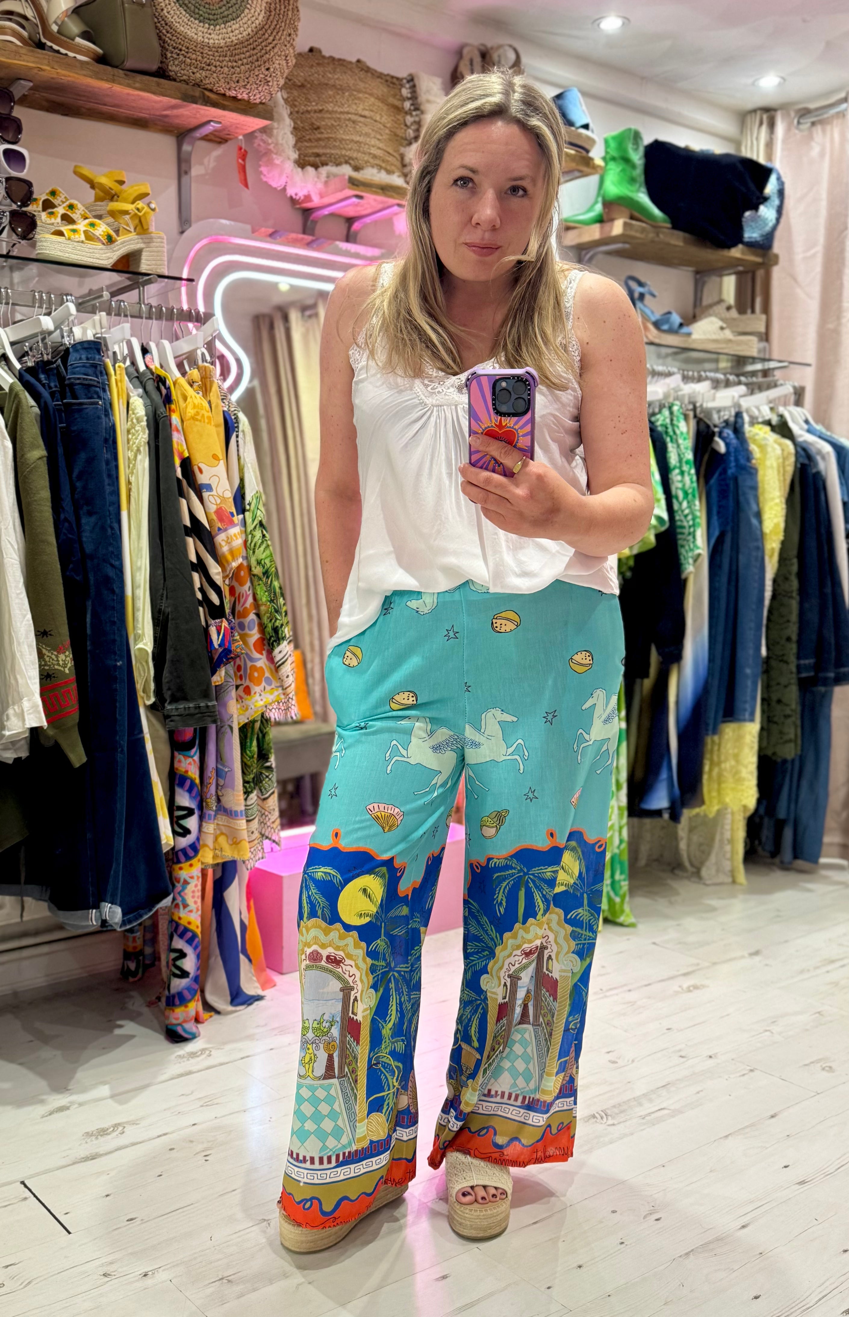 Pegasus Linen Mix Palazzo Trousers | Aquamarine