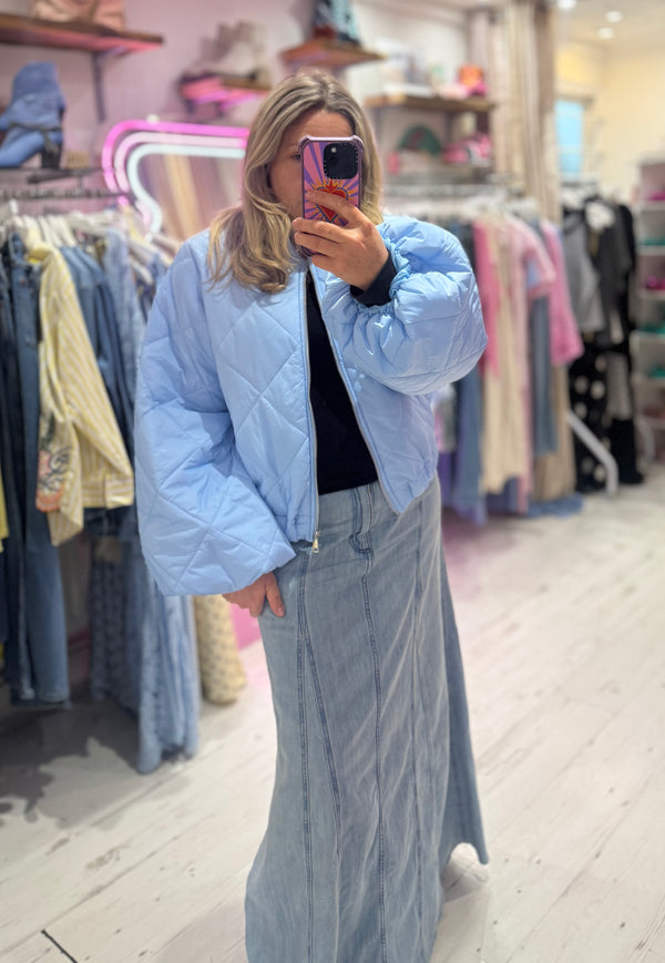 Lightweight Quilted Bomber Jacket with Balloon Sleeves | Baby Blue