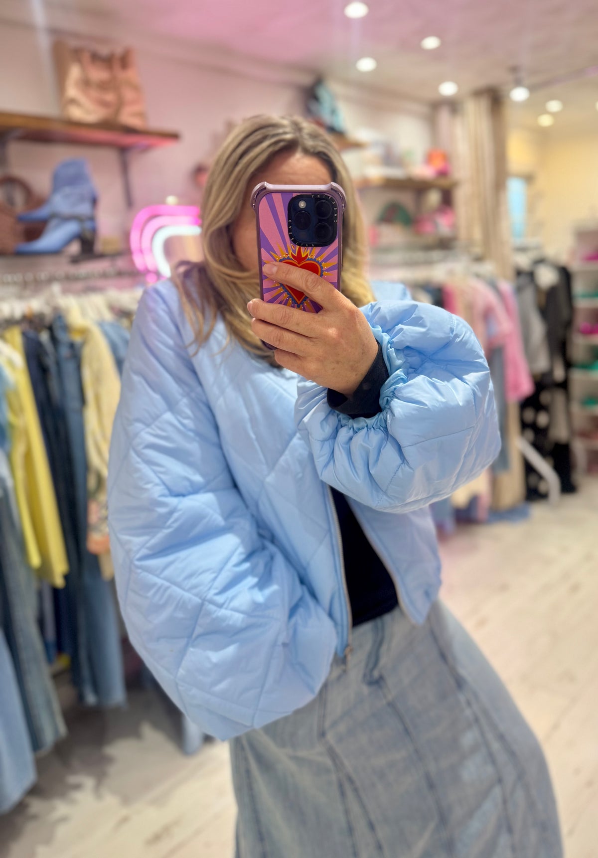 Lightweight Quilted Bomber Jacket with Balloon Sleeves | Baby Blue